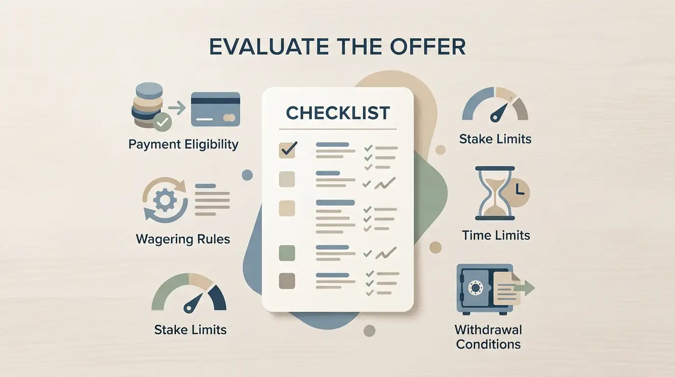 Editorial checklist illustration for reviewing a casino bonus by eligibility, deposit, wagering, maximum bet, expiry and withdrawal terms
