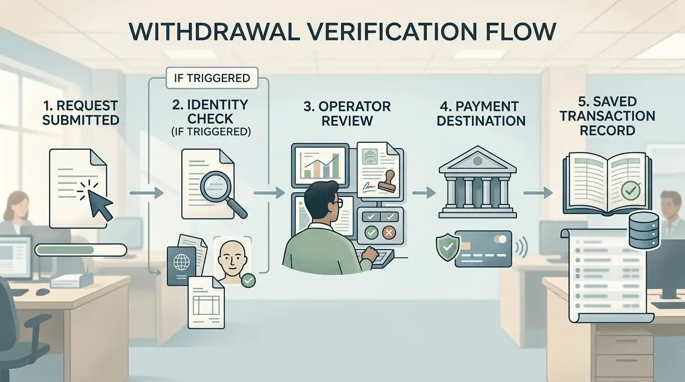 Editorial withdrawal flow showing request, identity check if triggered, operator review, payment destination and transaction record keeping without a timing promise