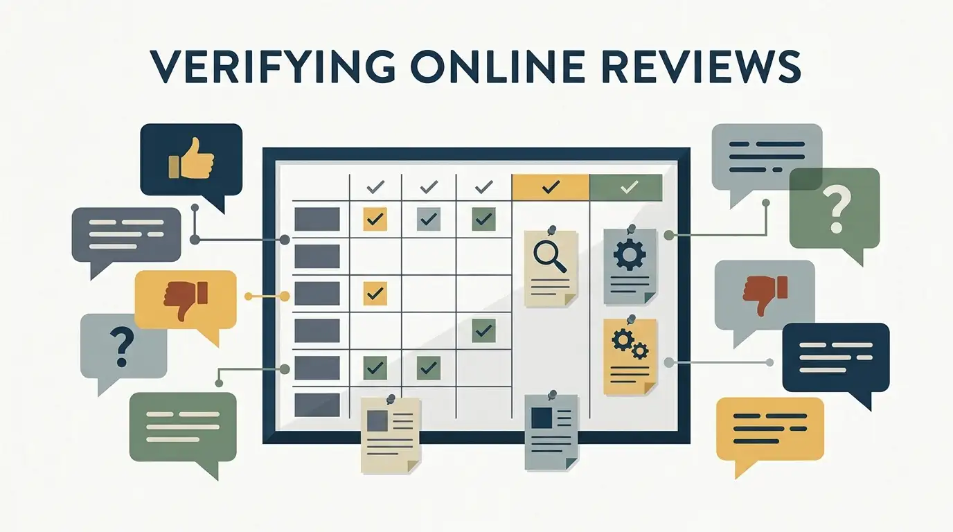 Editorial illustration showing speech bubbles, evidence checks and verification labels used to analyse Cuntspin reviews without a star rating