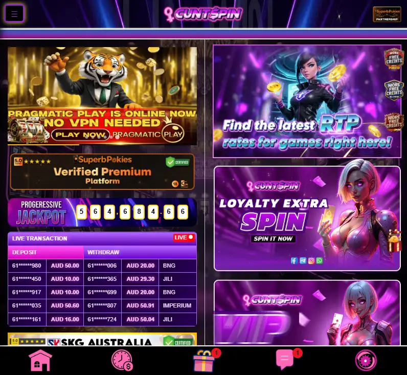 Real Cuntspin mobile-browser interface showing the official site and account entry point on a phone viewport
