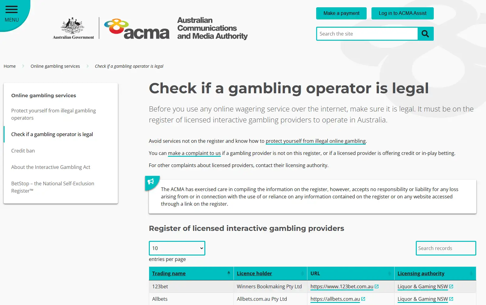 Real ACMA licensed interactive gambling provider register used to check whether Cuntspin appears as an Australian licensed provider