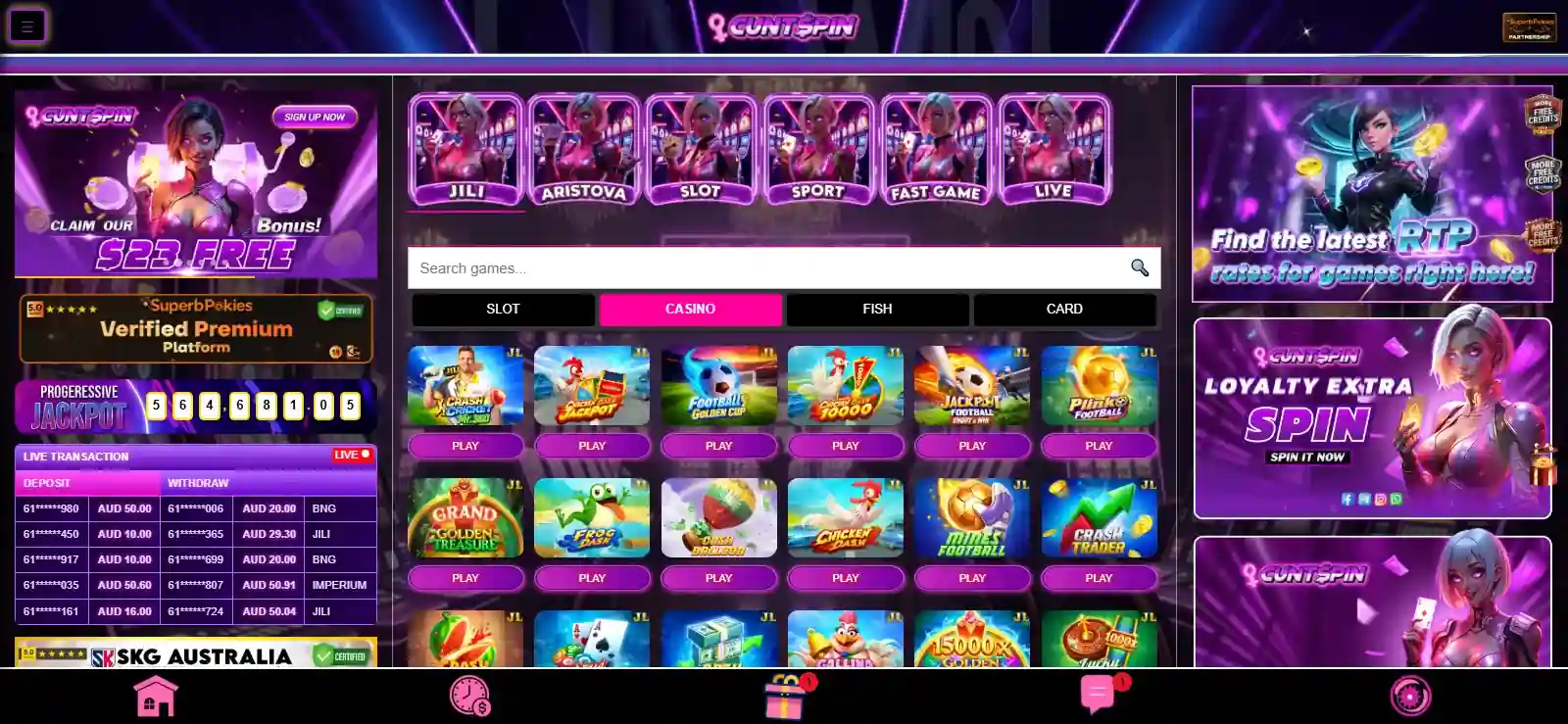 Current Cuntspin game lobby showing pokies or slots and live casino navigation