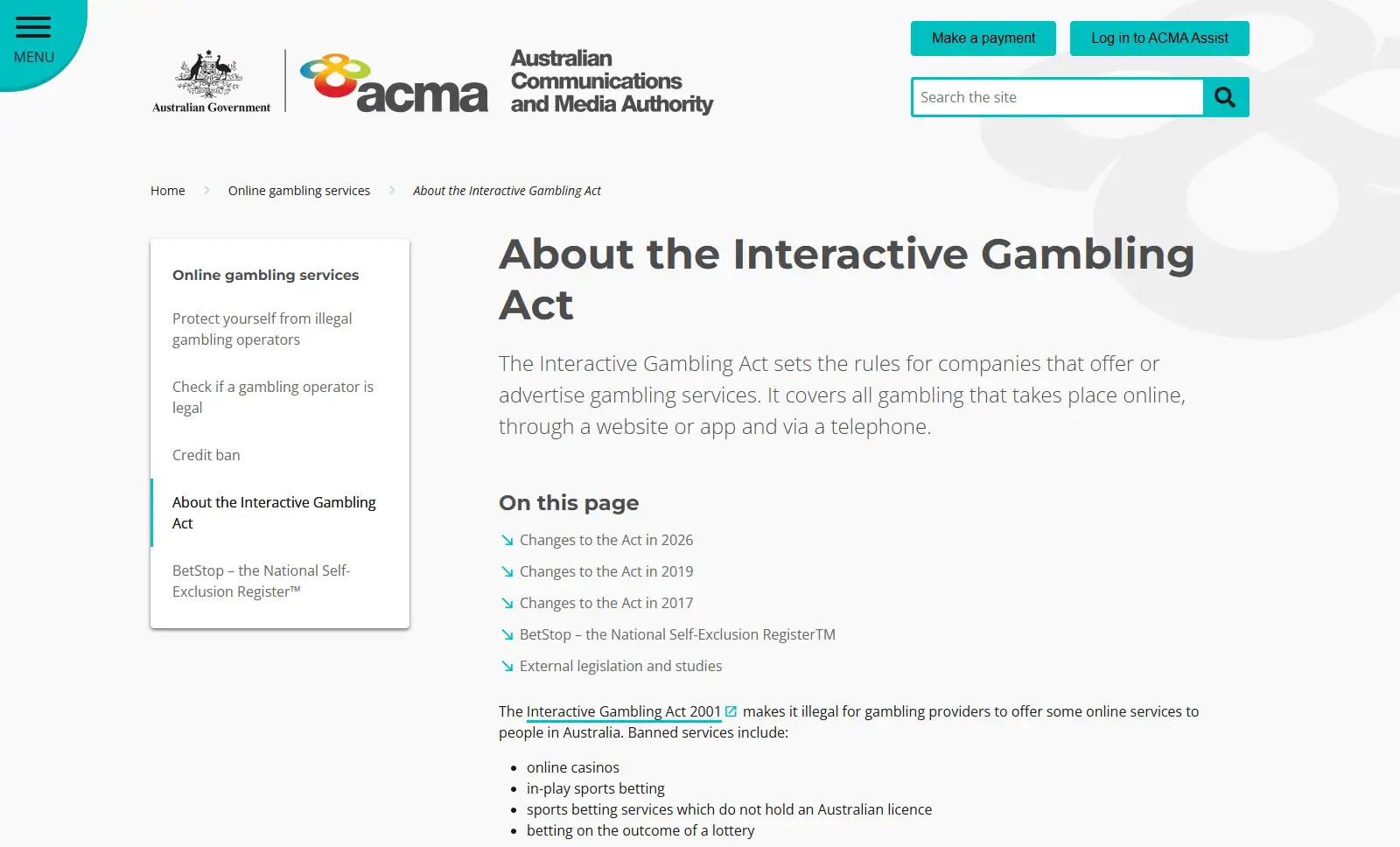 Current ACMA interactive gambling guidance explaining Australia's online gambling rules